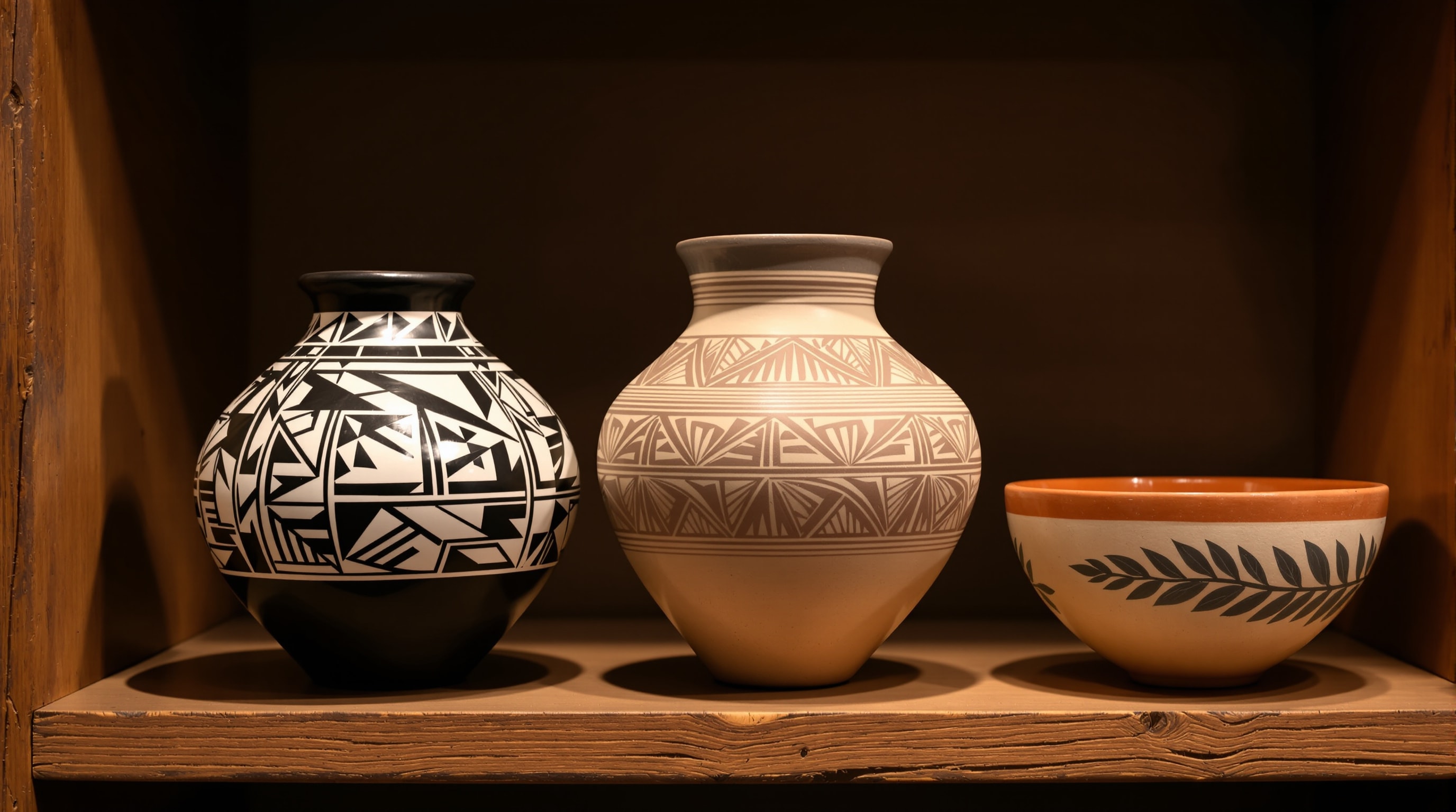 Black-on-white Zuni jar, fine-line Acoma pot, and cream-and-orange Hopi bowl on a wooden shelf