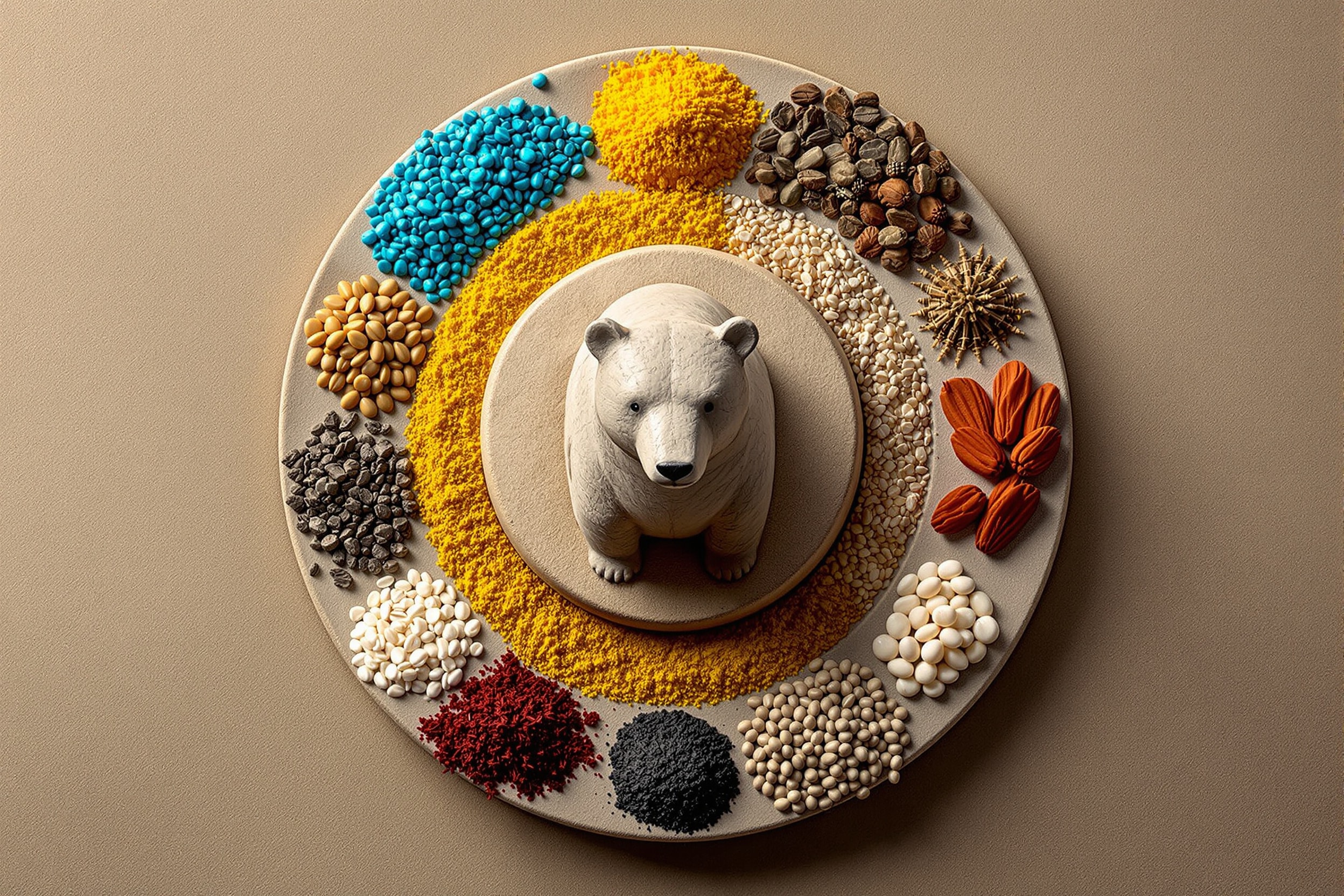 Carved stone bear at the center of a radial arrangement of colored natural materials representing the six directions